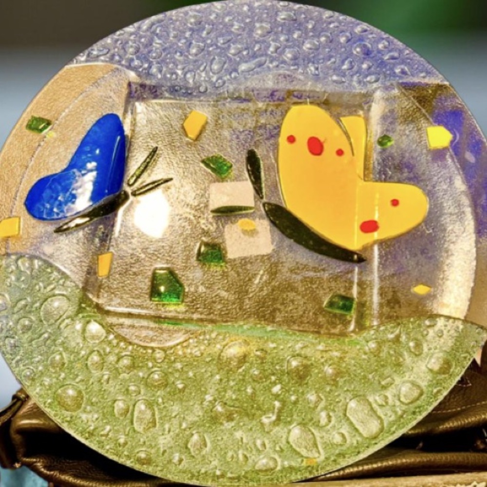 Colorful Glass Plate with Butterfly Design Art Glass New